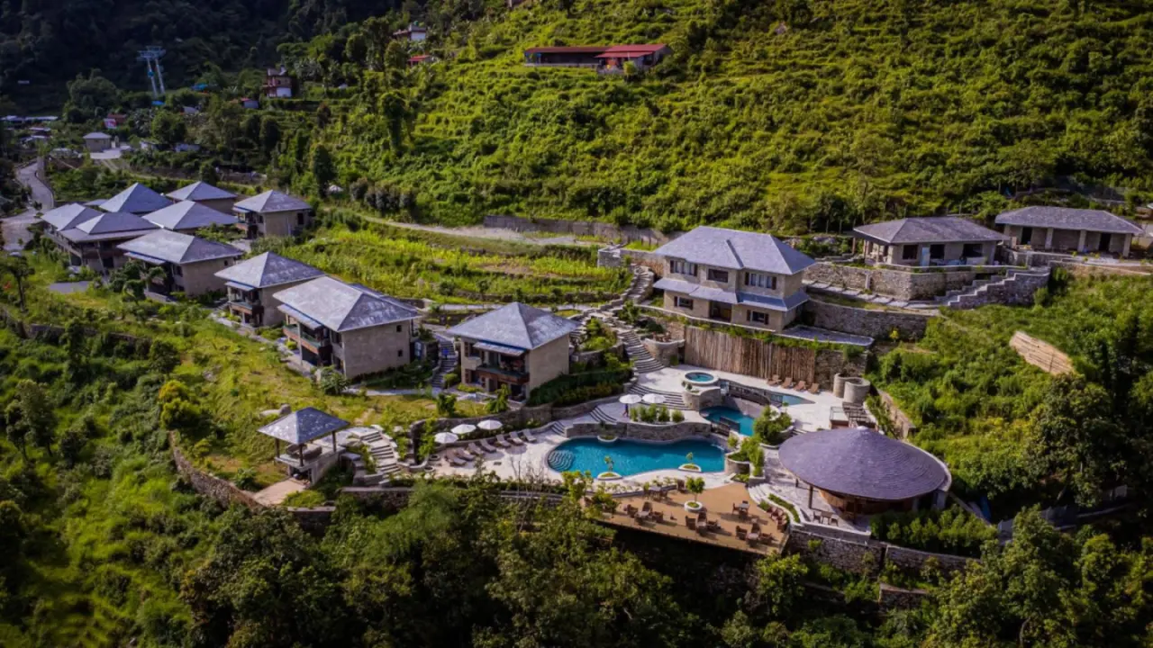 Aerial view of Dorje's Resort and Spa in Pokhara with lush greenery