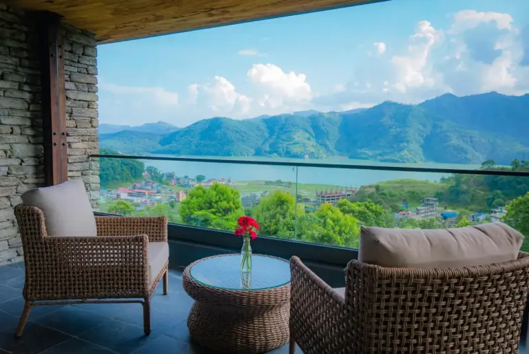 Balcony view from a guest room at Dorje's Resort and Spa, Pokhara
