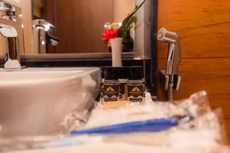 Temple Himalaya Hotel & Spa bathroom with amenities